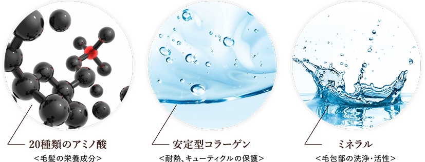 20種類のアミノ酸＜毛髪の栄養成分＞安定型コラーゲン＜耐熱、キューティクルの保護＞ミネラル＜毛包部の洗浄・活性＞