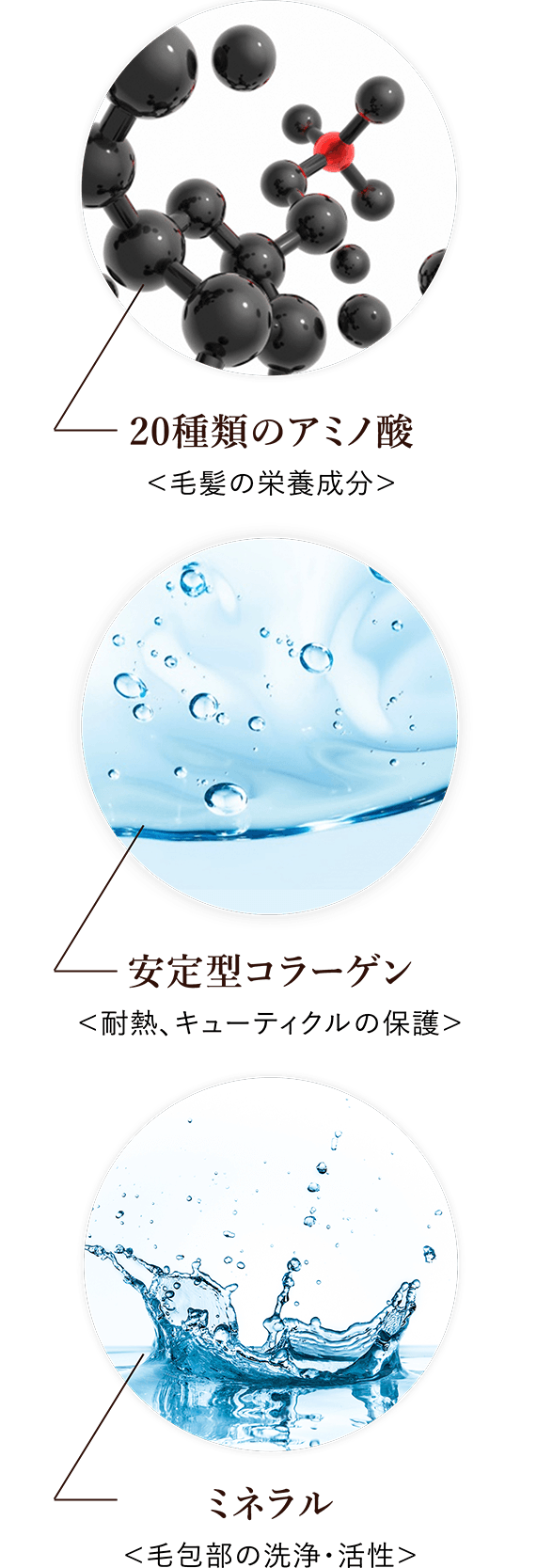 20種類のアミノ酸＜毛髪の栄養成分＞安定型コラーゲン＜耐熱、キューティクルの保護＞ミネラル＜毛包部の洗浄・活性＞